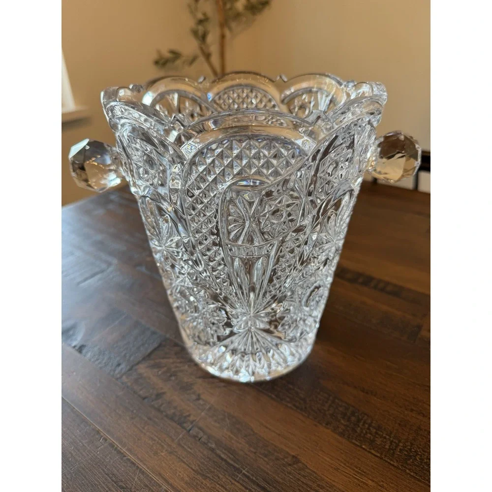 Vintage Lead Crystal Pressed Glass Sawtooth Ice Bucket With Knob Handles